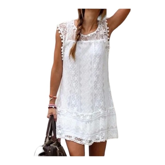 Dresses & Skirts - Knitted Laced White Fashion Summer Dress With Tassels. SZ L